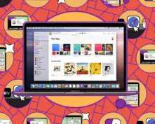 一台带有AppleMusic的MacBook在点缀着其他Apple图标的背景上打开