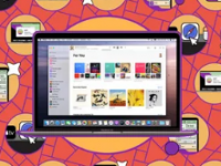 一台带有AppleMusic的MacBook在点缀着其他Apple图标的背景上打开